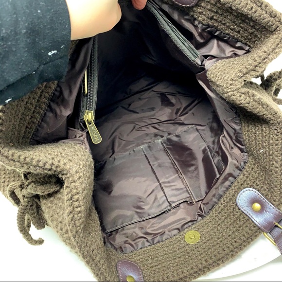 The Sak Pink Label Knitted Brown bobble textured tote bag  grannycore Bohemian - Picture 11 of 16